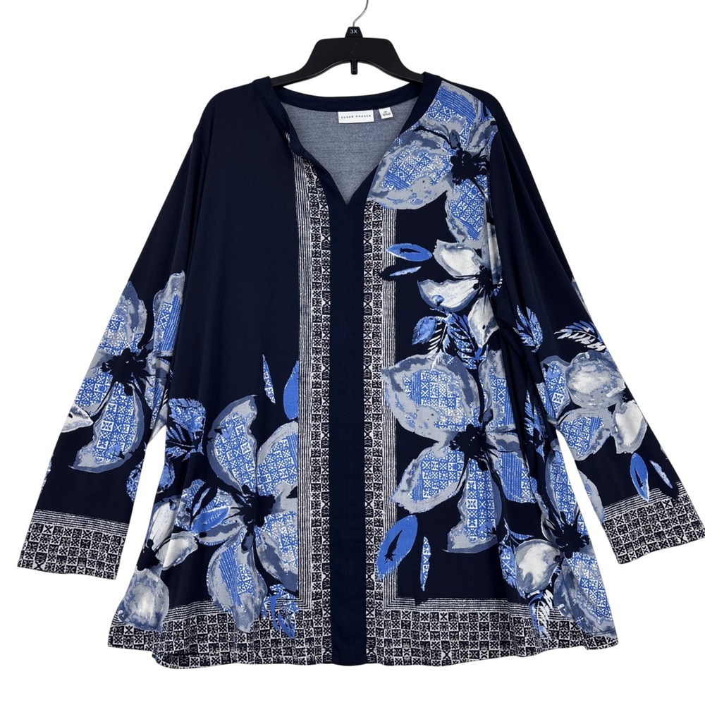Susan Graver Liquid Knit Tunic Top Womens 3X Blue Floral V-Neck A285431